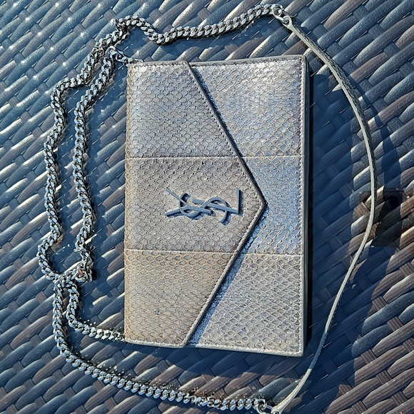 Yves Saint Laurent Handbags - YSL Python Silver Metallic Wallet on Chain Crossbody Clutch Logo Saint Laurent